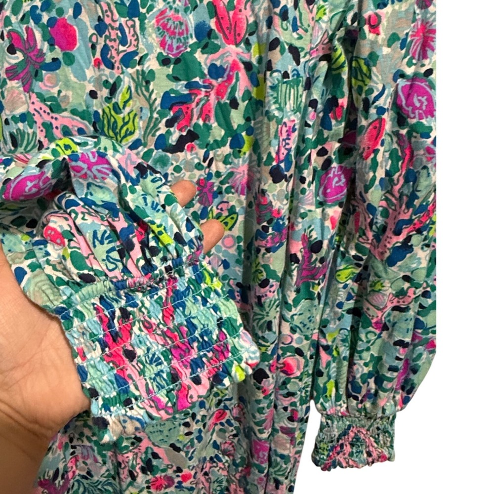 Lilly Pulitzer Diann Shift Dress Womens Large Floral Long Smocked Sleeve Preppy - Picture 2 of 6